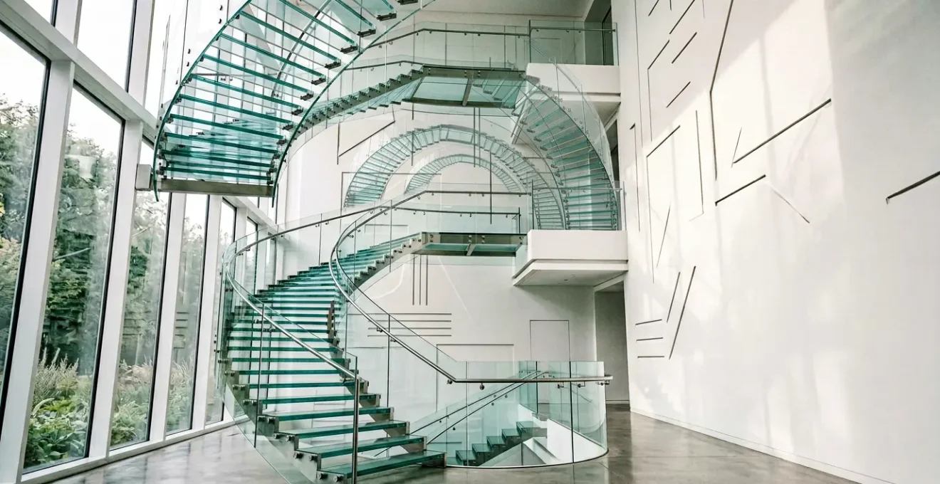 Architecture moderne avec escalier transparent représentant la structure d'URL claire et la navigation intuitive