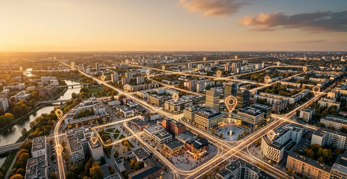 Vue en plongée d'un quartier urbain avec des épingles de localisation Google Maps illuminées, montrant la stratégie de référencement local