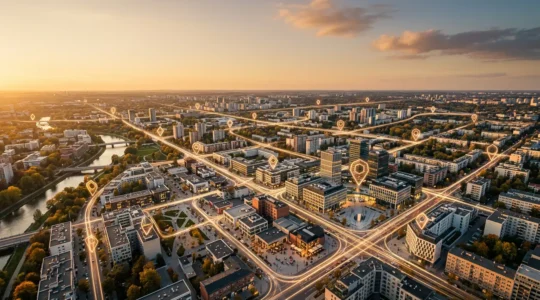 Vue en plongée d'un quartier urbain avec des épingles de localisation Google Maps illuminées, montrant la stratégie de référencement local