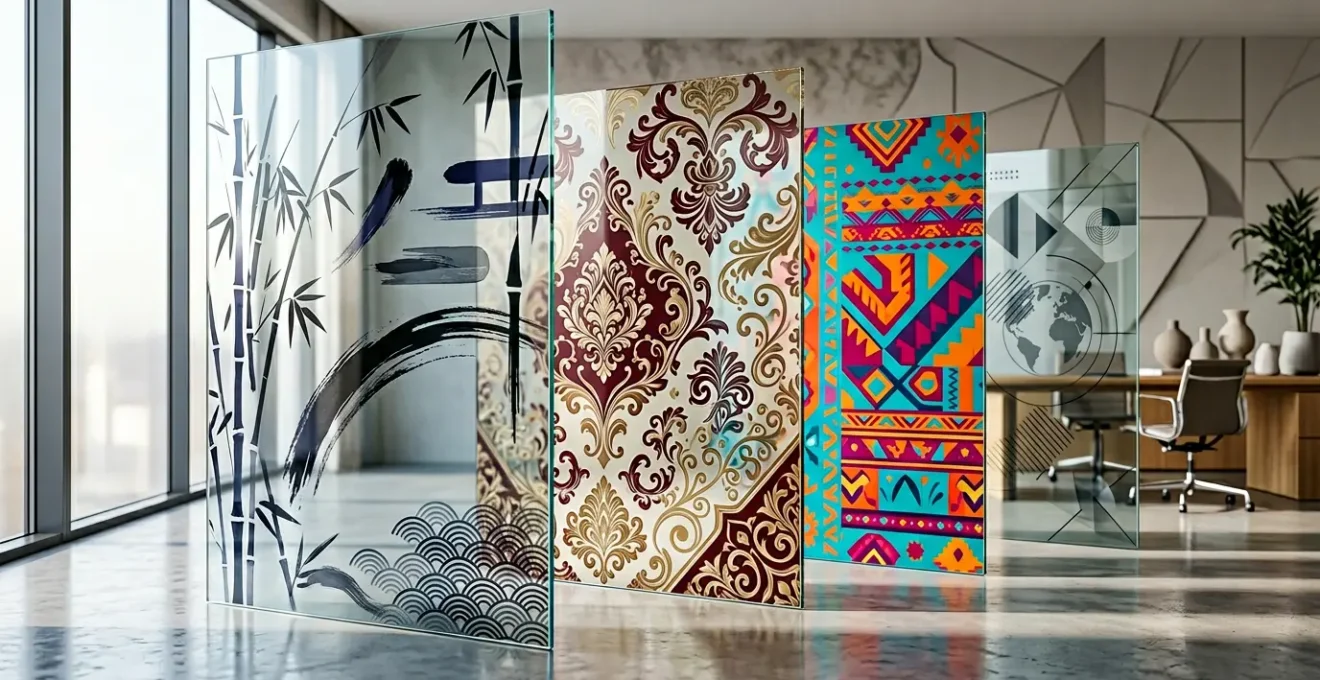 Vue conceptuelle d'une interface multilingue avec des éléments culturels adaptés sans texte visible