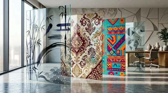 Vue conceptuelle d'une interface multilingue avec des éléments culturels adaptés sans texte visible