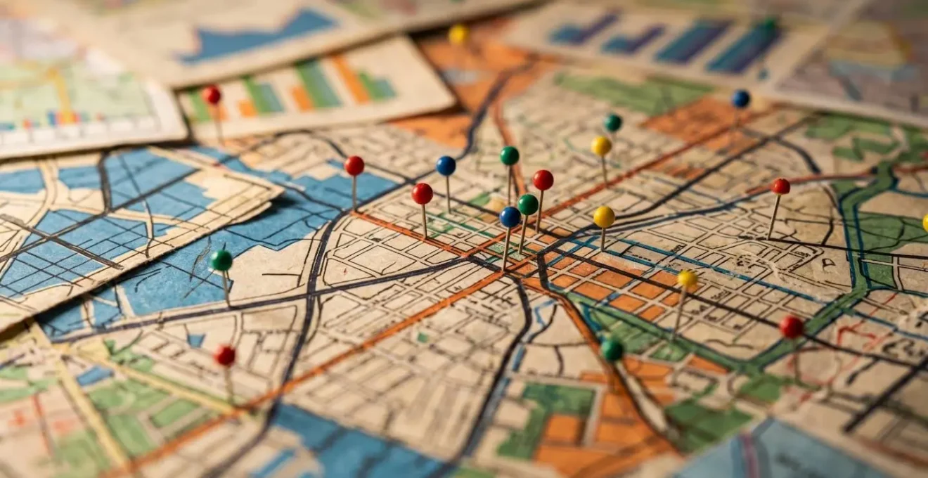 Macro photo de graphiques et cartes immobilières avec épingles colorées marquant différents quartiers