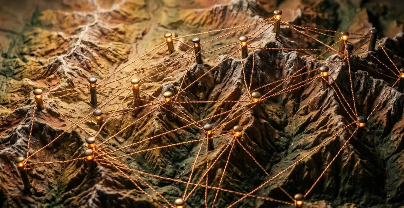 Vue aérienne d'une carte départementale avec points lumineux représentant les agences interconnectées