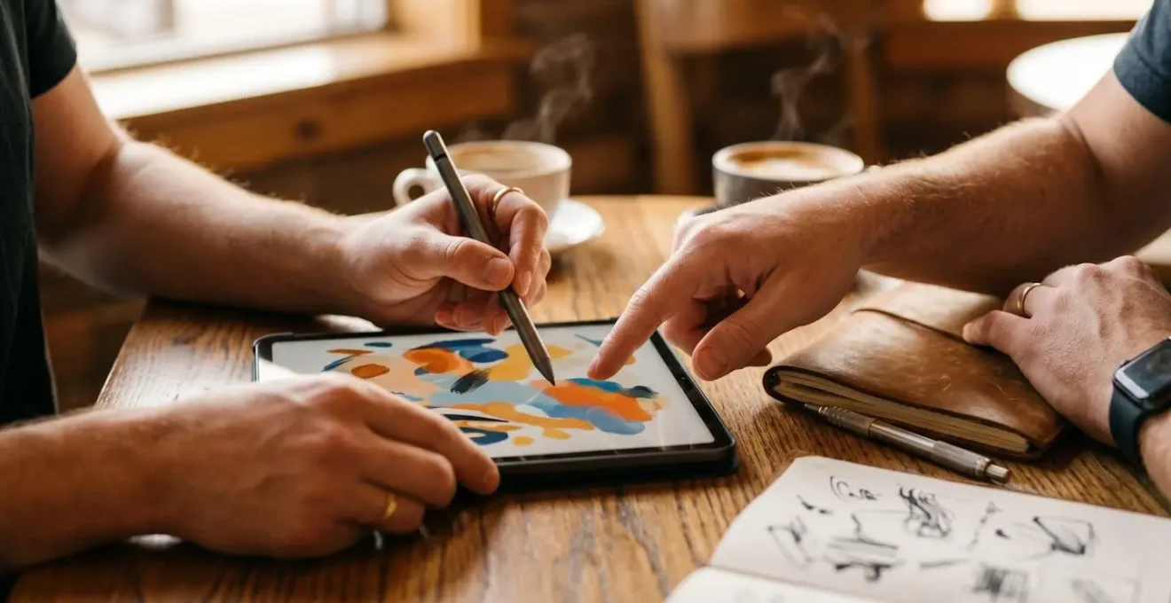 Vue macro détaillée de mains collaborant sur la création d'un ebook