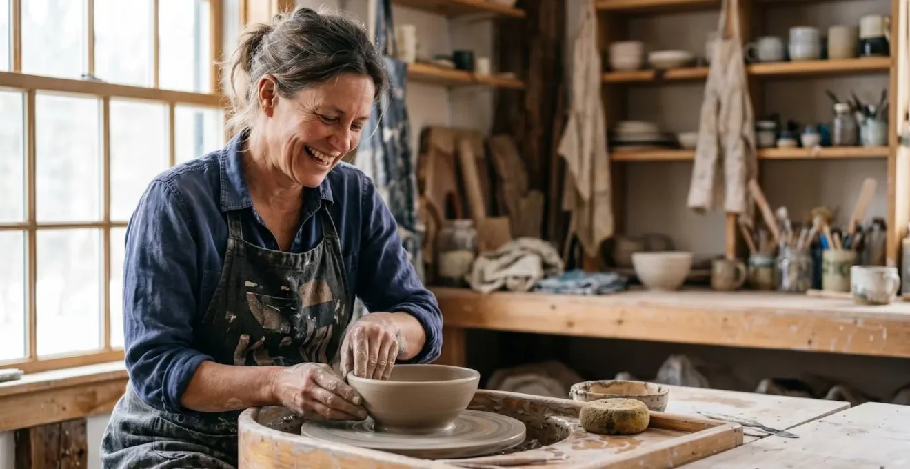 Portrait intimiste d'un artisan dans son atelier, lumière naturelle dorée traversant la vitrine