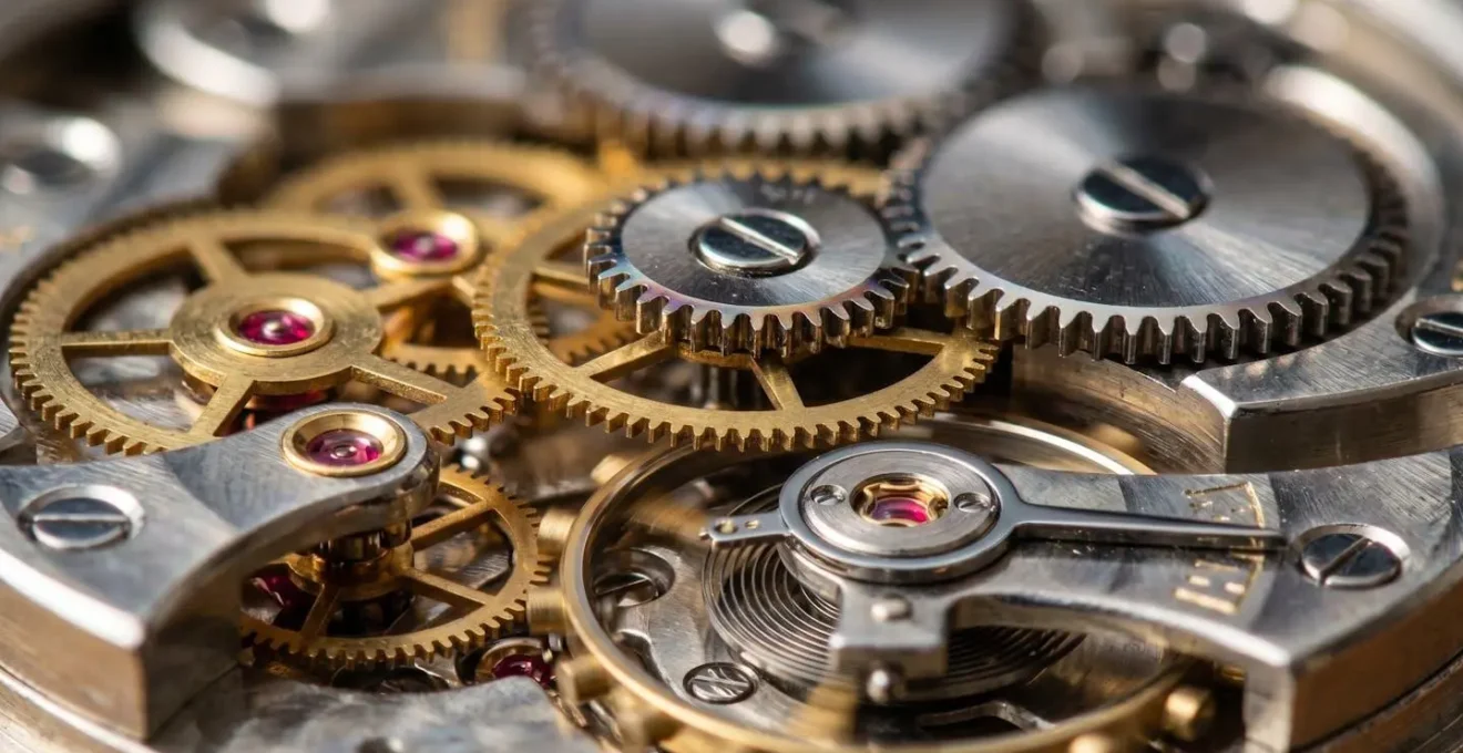Vue macro détaillée de mécanismes d'horlogerie représentant l'automatisation contrôlée du maillage interne