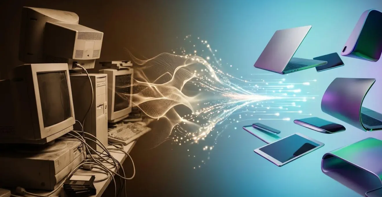 Représentation symbolique de l'évolution technologique avec des éléments abstraits suggérant le changement et l'innovation