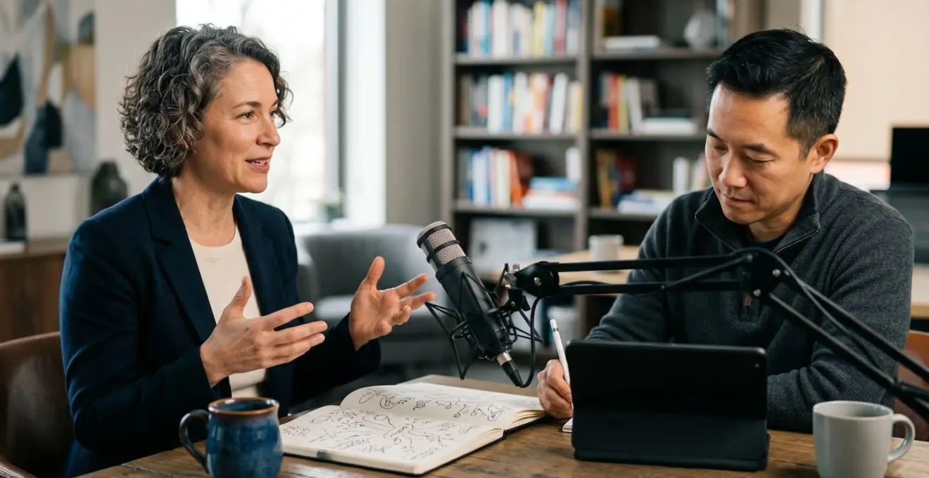 Session d'interview professionnelle entre un journaliste et un expert technique dans un environnement moderne