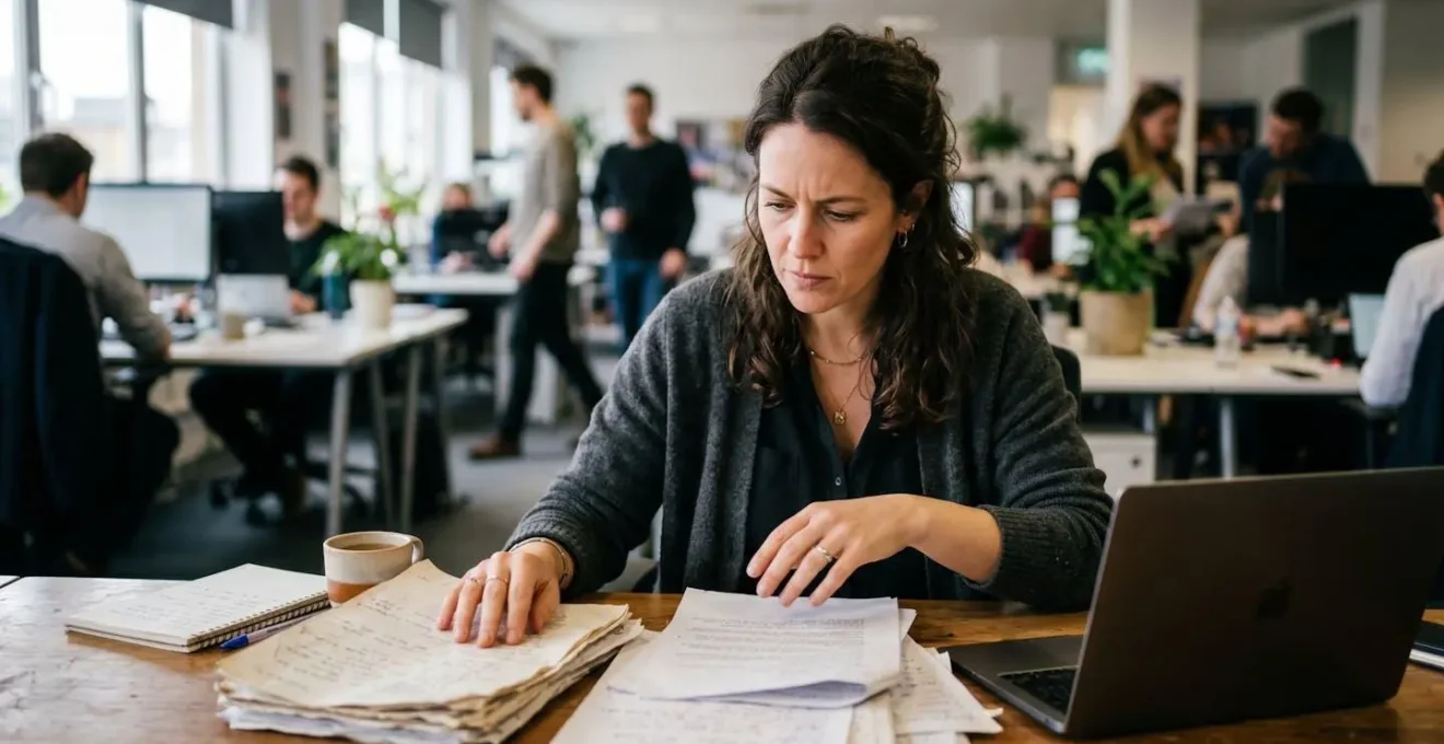 Journaliste travaillant sur son ordinateur portable dans une rédaction moderne avec des notes et recherches affichées