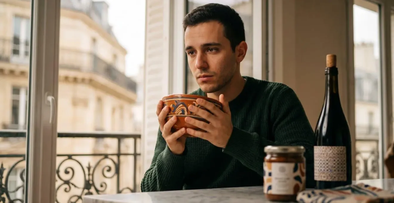 Connexion émotionnelle entre région d'origine et capitale représentée par des souvenirs régionaux dans un appartement parisien