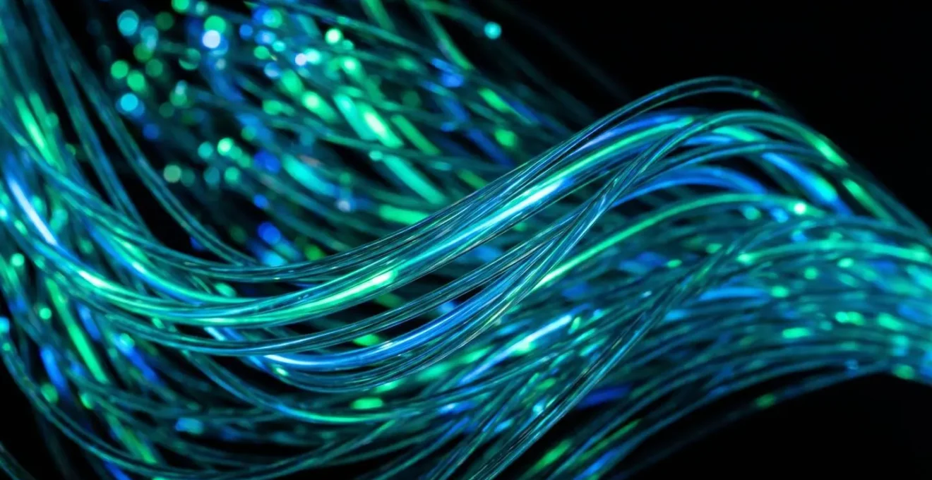 Vue macro de fibres optiques colorées représentant le flux de données optimisé