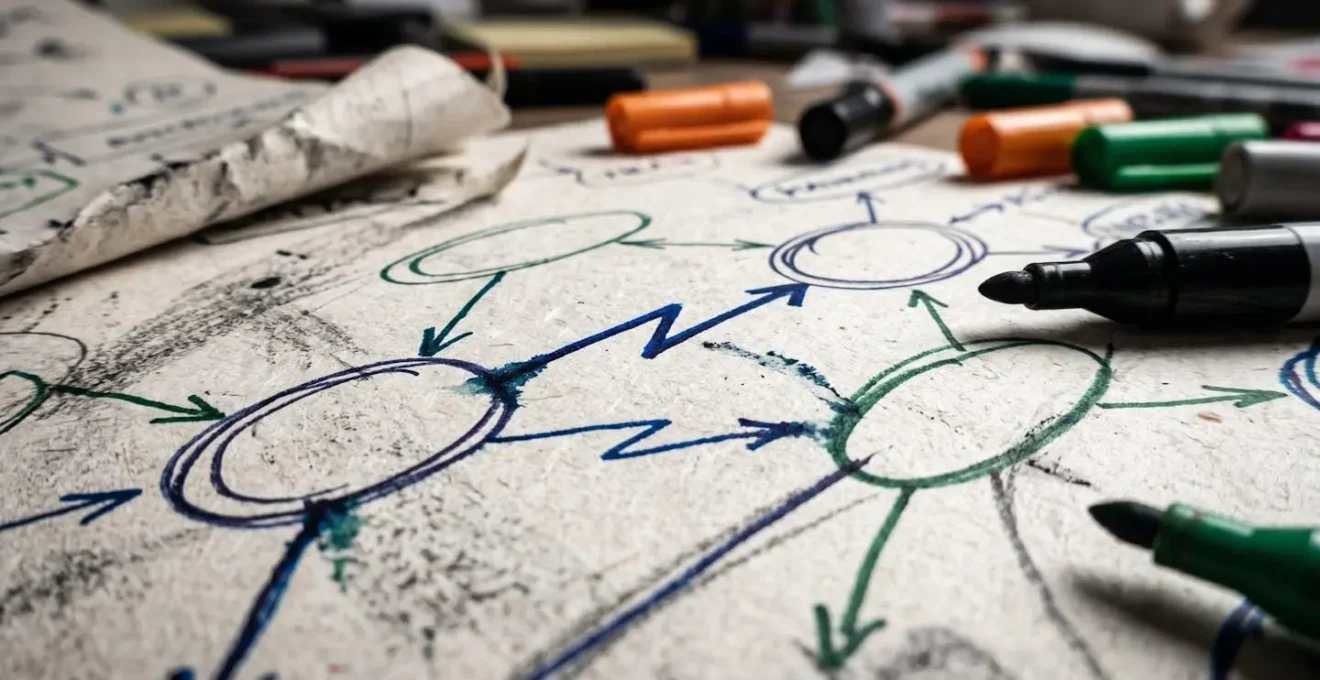 Vue macro d'une carte mentale dessinée sur papier avec des connexions entre différents sujets de contenu