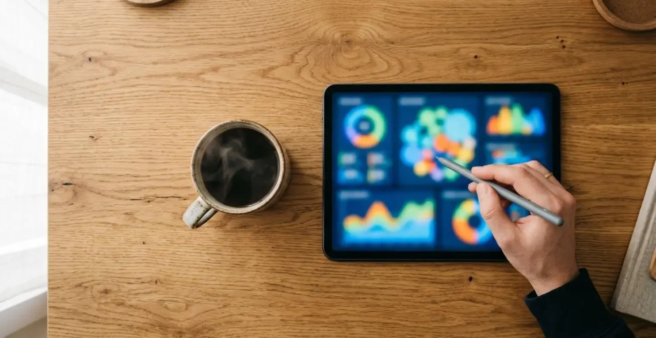 Vue aérienne minimaliste d'un bureau avec café et tablette montrant des graphiques colorés