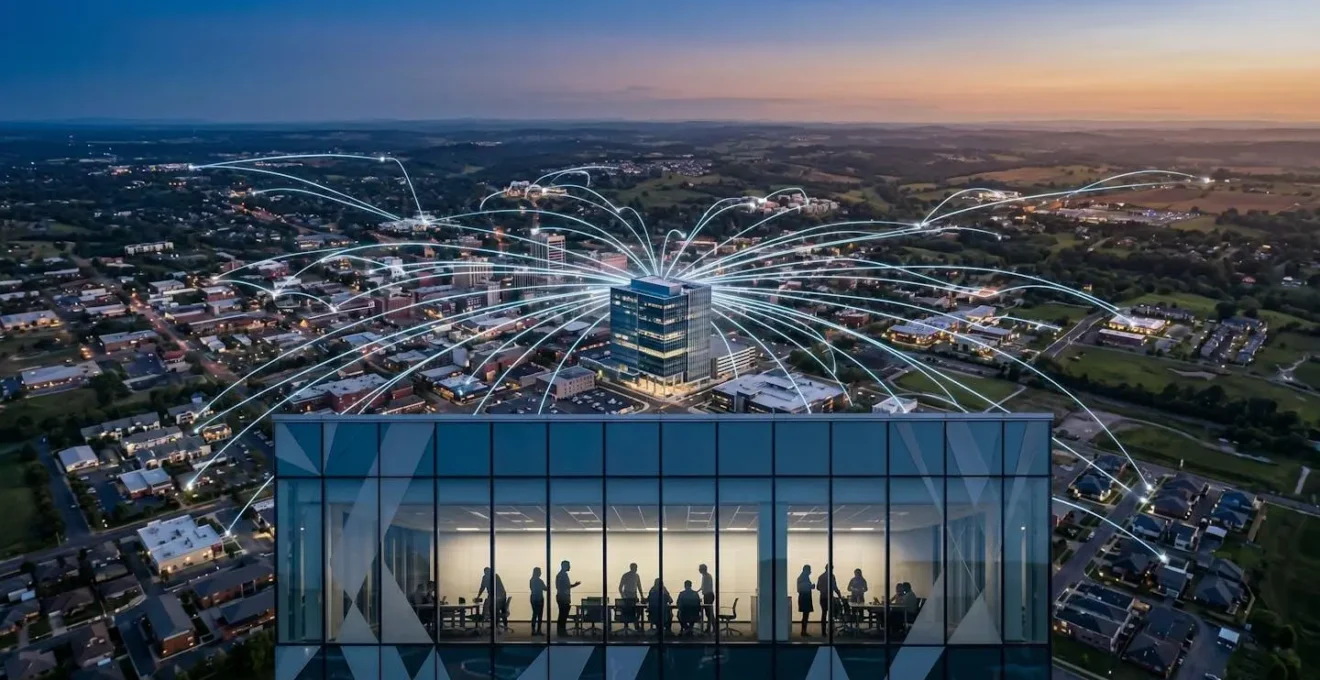 Réseau de liens entrants représenté par des connexions lumineuses convergeant vers un point central sur une carte régionale